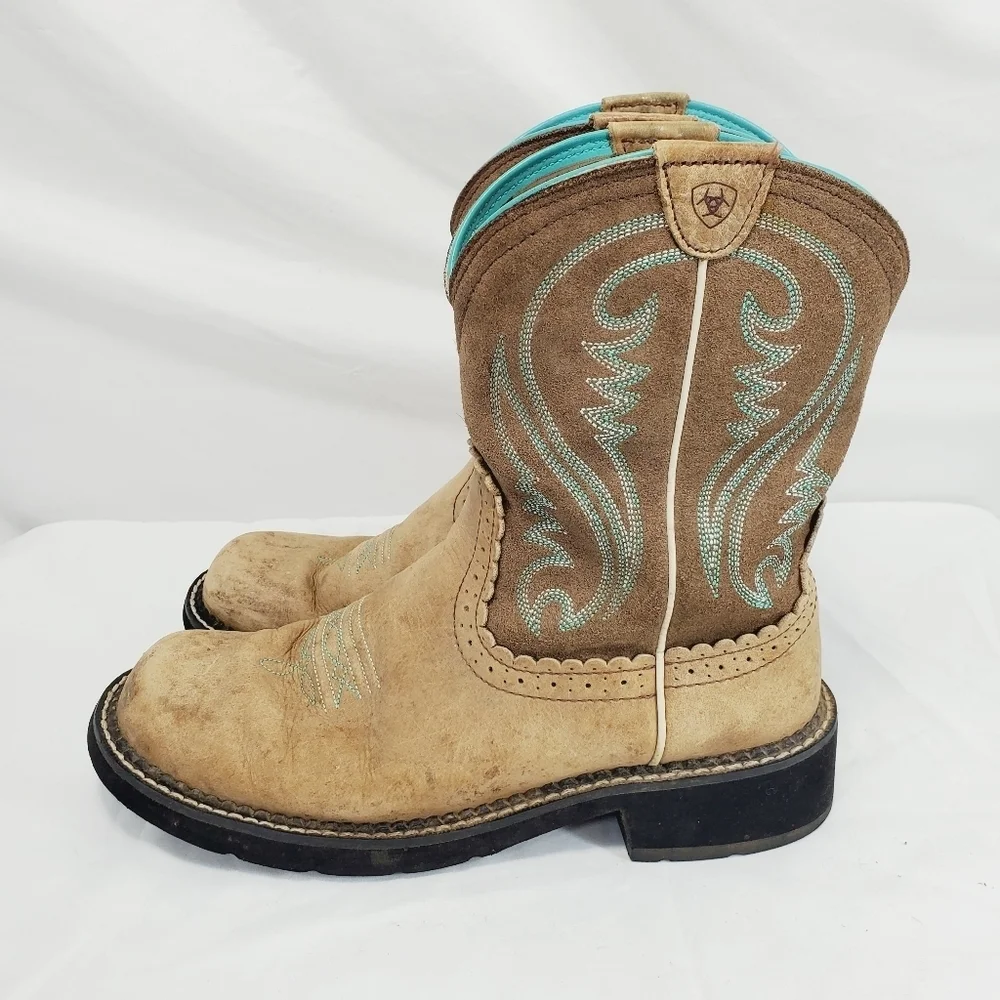 Ariat Women’s Fatbaby Heritage Cowboy Western PullOn Boots Brown/Teal Tan 10b - Picture 5 of 12